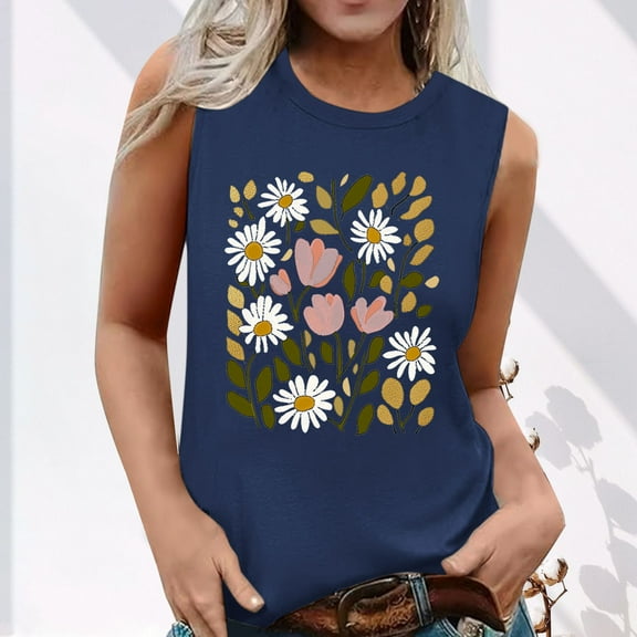 HOMBOM Muscle Tank Tops for Women Graphic Loose Fit Navy Sleeveless Crew Neck Casual Floral Shirt
