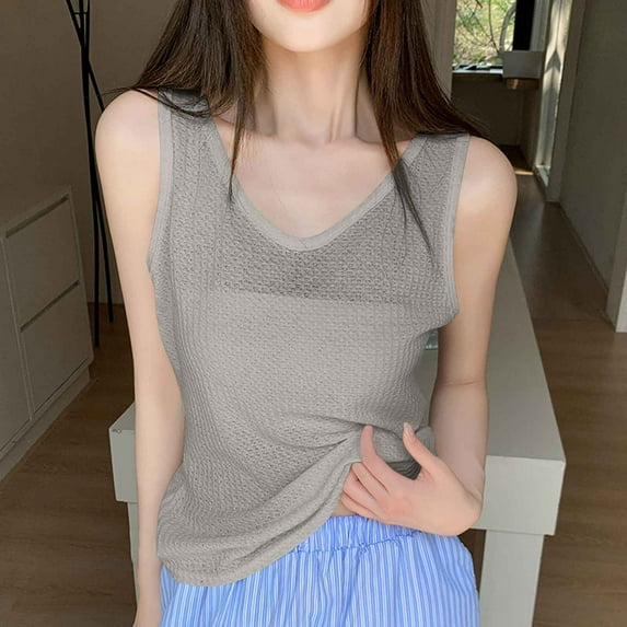 HOMBOM Muscle Tank Tops for Women Gray Loose Fit V-Neck Solid Color Sleeveless Dressy Shirt