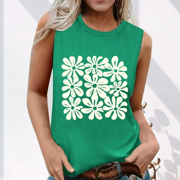 HOMBOM Muscle Tank Tops for Women Green Loose Fit Floral Crew Neck Sleeveless Casual Blouse