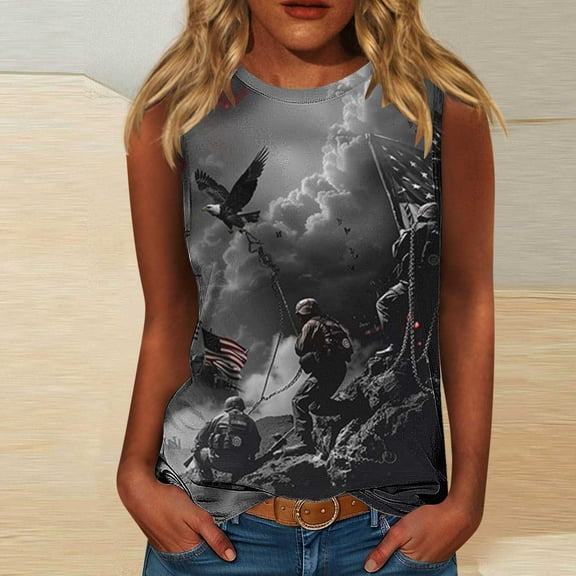 HOMBOM Muscle Tank Tops for Women Loose Fit Dressy independence Day Print Sleeveless Crew Neck Tunic Blouse