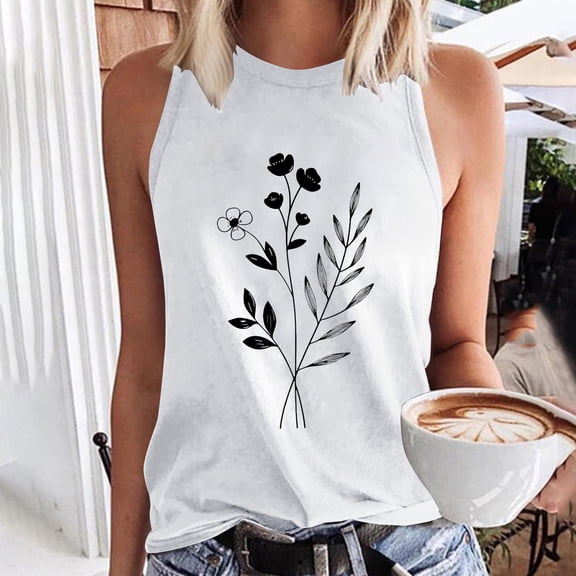 HOMBOM Muscle Tank Tops for Women Loose Fit White Crew Neck Leaf Print Sleeveless Flowy Blouse