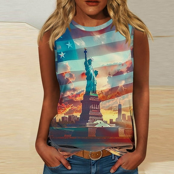 HOMBOM Muscle Tank Tops for Women Loose Fit independence Day Print Crew Neck Sleeveless Casual Tunic Blouse