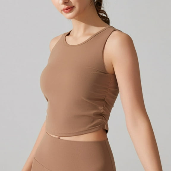 HOMBOM Muscle Tops for Women 2025 Built in Bras Yoga Khaki Crew Neck Sleeveless Solid Color Backless Tee Shirt