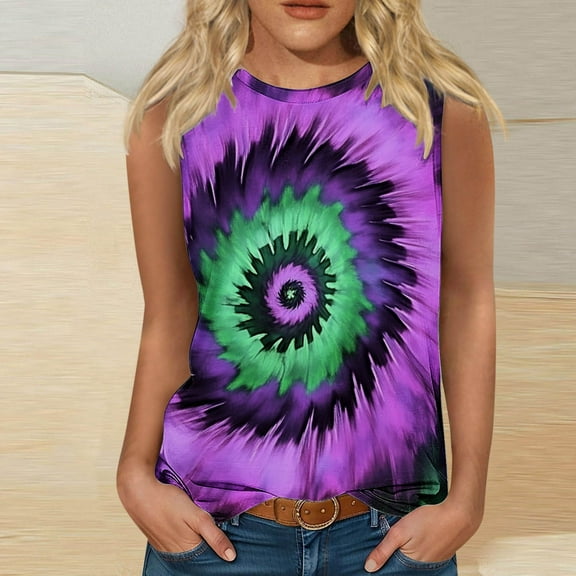 HOMBOM Muscle Tops for Women 2025 Loose Fit Crew Neck Flowy Tie-Dye Sleeveless Shirt