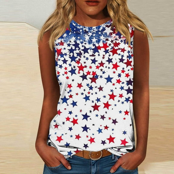HOMBOM Muscle Tops for Women 2025 Loose Fit Dressy Crew Neck Sleeveless independence Day Star Blouse
