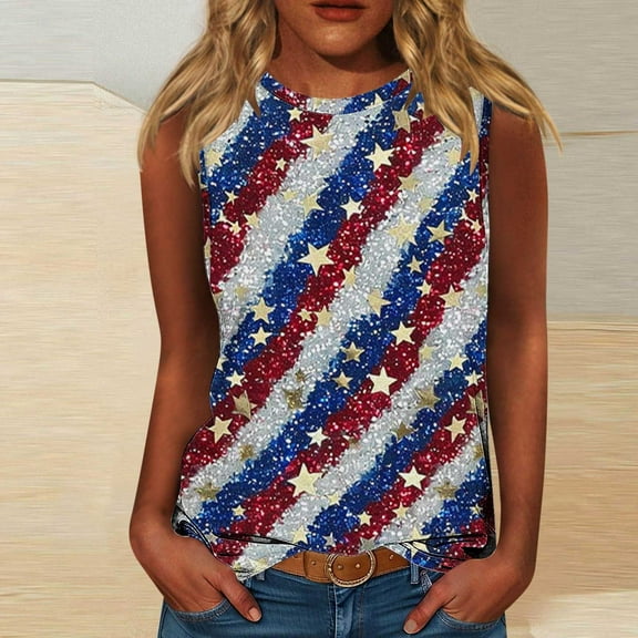 HOMBOM Muscle Tops for Women 2025 Loose Fit independence Day Print Casual Sleeveless Crew Neck Shirt
