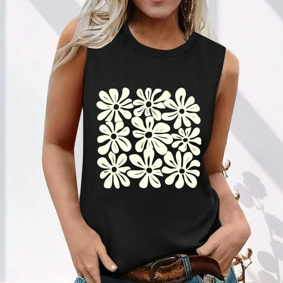 HOMBOM Muscle Tops for Women Graphic Black Loose Fit Dressy Sleeveless Crew Neck Floral Tank Blouse
