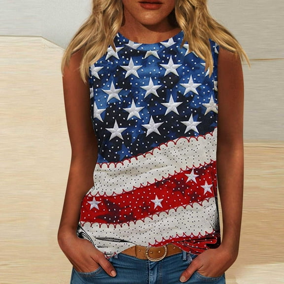 HOMBOM Muscle Tops for Women Graphic Loose Fit Crew Neck Casual independence Day Star Sleeveless Blouse