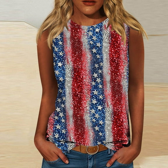 HOMBOM Muscle Tops for Women Graphic Loose Fit Crew Neck Casual independence Day Star Sleeveless Shirt