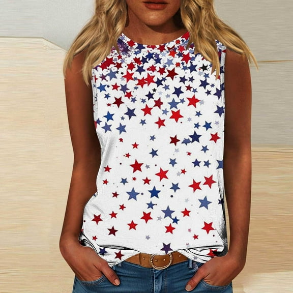 HOMBOM Muscle Tops for Women Graphic Loose Fit Crew Neck independence Day Star Sleeveless Flowy Tank Blouse
