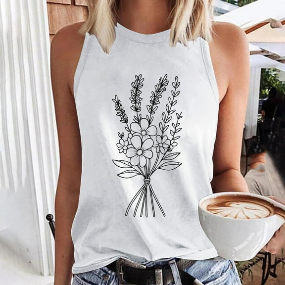 HOMBOM Muscle Tops for Women Graphic Loose Fit White Crew Neck Dressy Floral Sleeveless Tank Blouse