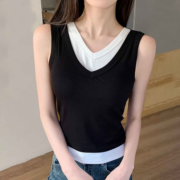 HOMBOM Muscle Tops for Women Summer Black V-Neck Color Blocking Sleeveless Fake Two-Piece Camisole
