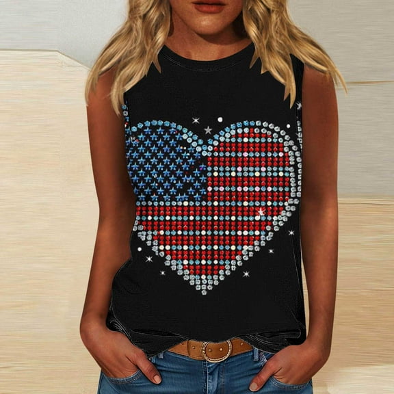 HOMBOM Muscle Tops for Women Summer Loose Fit Crew Neck Sleeveless Casual independence Day Heart Print Shirt