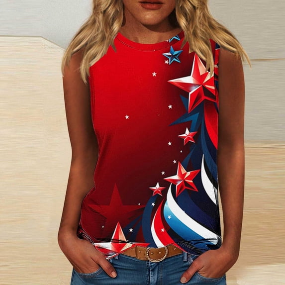 HOMBOM Muscle Tops for Women Summer Loose Fit Crew Neck independence Day Star Casual Sleeveless Tank Blouse