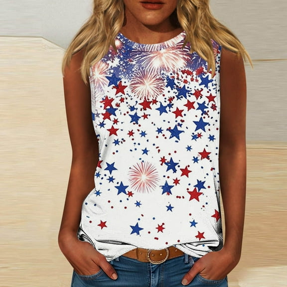 HOMBOM Muscle Tops for Women Summer Loose Fit independence Day Star Crew Neck Casual Sleeveless Shirt