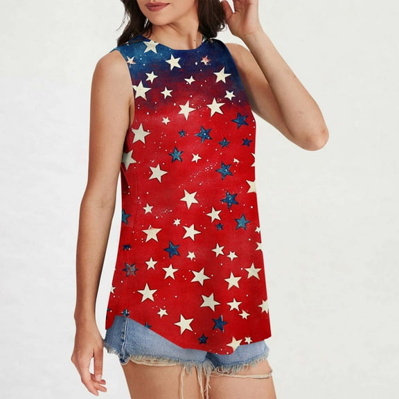 HOMBOM Muscle Tops for Women Summer Red Loose Fit Sleeveless independence Day Star Crew Neck Casual Shirt