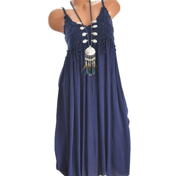 HOMBOM Navy A-Line Dress for Women Sleeveless Casual Dresses for Women Solid Tassels V-Neck Plus Size Dresses 2XL