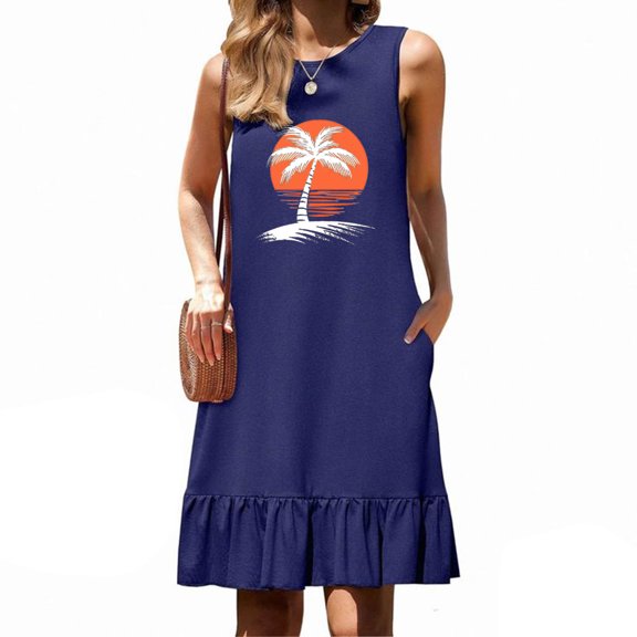 HOMBOM Navy Dresses for Women Hawaiian Midi Tank Sundress Palm Tree Crew Neck Summer Tiered Hem Dresses with Pockets
