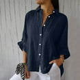 thumbnail image 1 of HOMBOM Navy Summer Tops Women Short Sleeve Casual Solid Cotton Linen V-Neck Button-Down Shirts S, 1 of 9