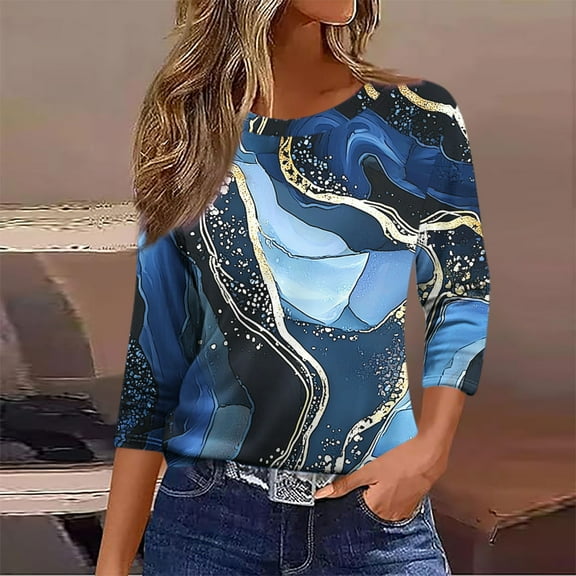 HOMBOM Navy Tops for Women 3/4 Sleeve Crew Neck Pullover Marble Print Trendy T Shirt