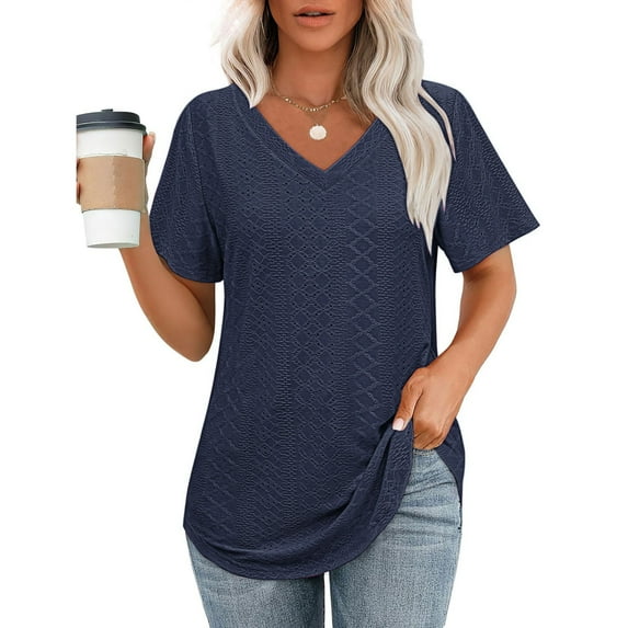 HOMBOM Navy Women Shirts Tunic Casual Short Sleeve Solid V Neck Hollow Out Blouse L