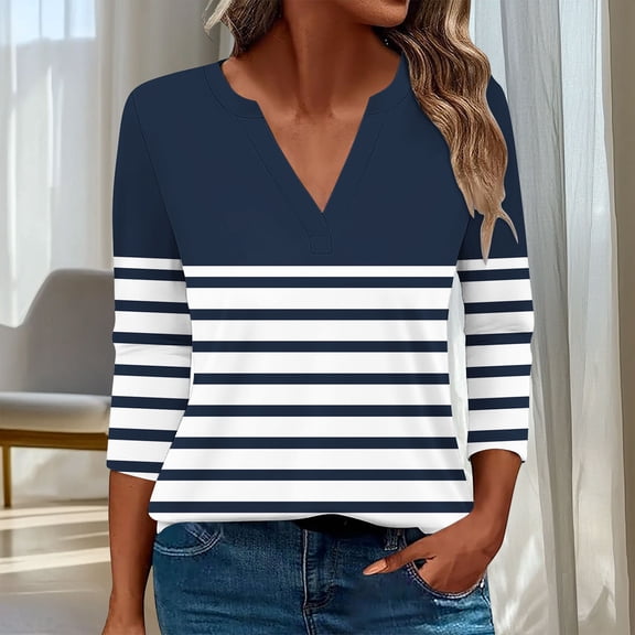HOMBOM Navy Women T Shirts V-Neck 3/4 Sleeve Basic Temperament Striped Patchwork 2025 T-Shirts
