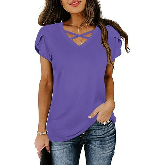 HOMBOM New Arrivals Shirts for Women Purple V Neck Solid Short Sleeve Loose Ruffled Sleeve Blouse XL