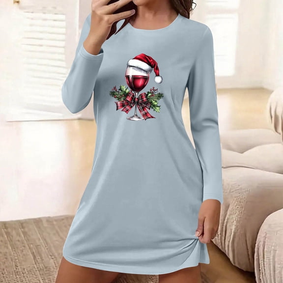 HOMBOM Nightgown for Women Comfy MooMoo Pajamas Christmas Casual Long Sleeve Light Blue Xmas Females Nightdress