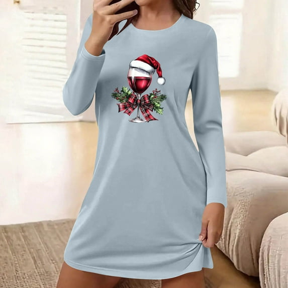 HOMBOM Nightgowns for Women Plus Size Loungewear Fall Long Sleeve Light Blue Vintage Casual Christmas Ladies Sleep Dress Xmas