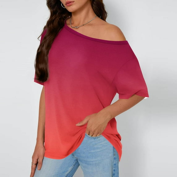 HOMBOM Off The Shoulder Tops for Women Tunic Tops Summer Soft Oversized Boat Neck Colorblock Ladies Blouse Short Sleeve
