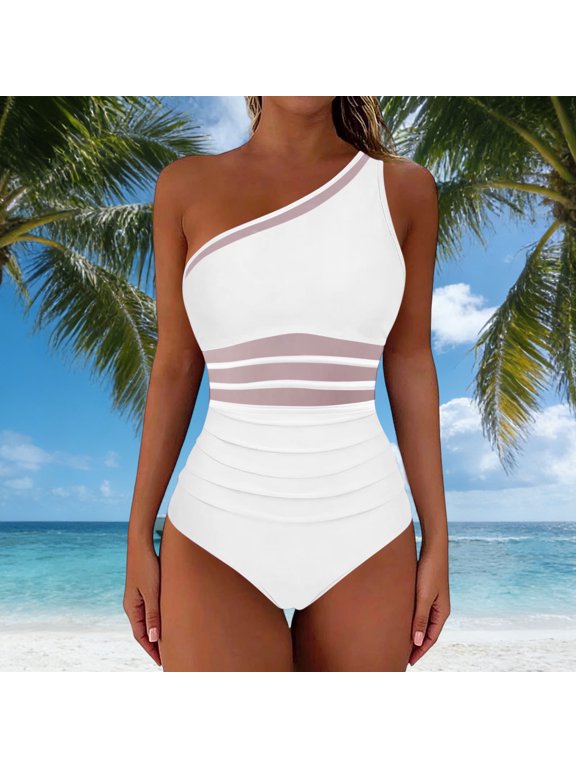 One Piece Swimsuits for Women White Swimwear Ruched High Cut Mesh Slimming Tummy Control Ladies Bathing Suit