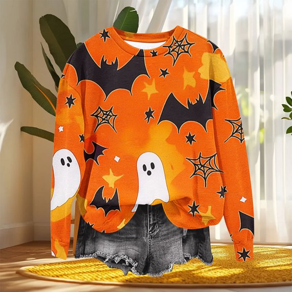 HOMBOM Orange Sweatshirts for Womens Pullover Crewneck Spooky Season Casual Drop Shoulder Ladies Tops Long Sleeve