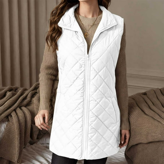 HOMBOM Outdoor Padded Vest for Women Long Jackets with Pockets Lightweight White Stand Collar Waistcoat Zipper Womens