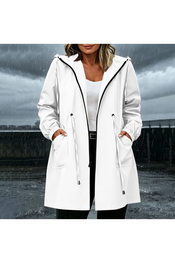 Outdoor Rain Jacket for Women Walking Hooded with Pockets Zipper Waterproof Lightweight Drawstring Waist Adults Raincoat Casual