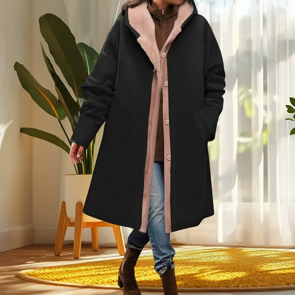 HOMBOM Outerwear Coats for Women Long Sherpa Hooded Windproof Fleece Lined Button Warm Ladies Coats with Pockets