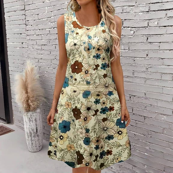 HOMBOM Peasant Dresses for Women 2025 Hawaiian Beige Shift Midi Crew Neck Tropical Flower Sundress Dresses