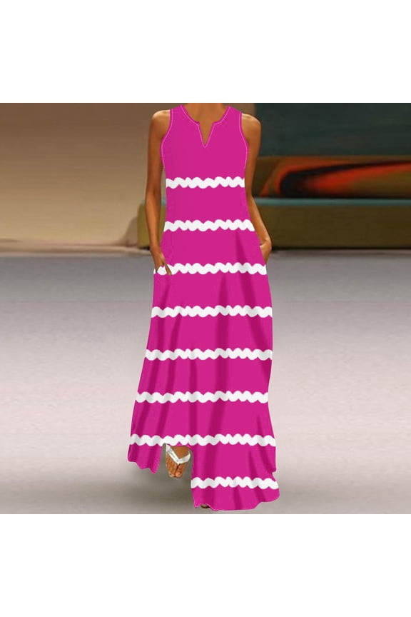 Pink A-Line Dress for Women Sleeveless Maxi Dresses for Women V-Neck Striped Retro 1950s Dresses L