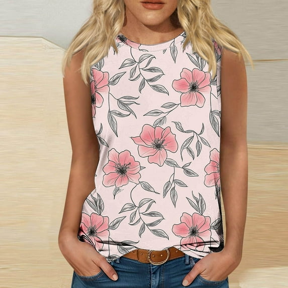 HOMBOM Pink Muscle Tank Tops for Women Graphic Loose Fit Crew Neck Sleeveless Dressy Floral Tunic Blouse
