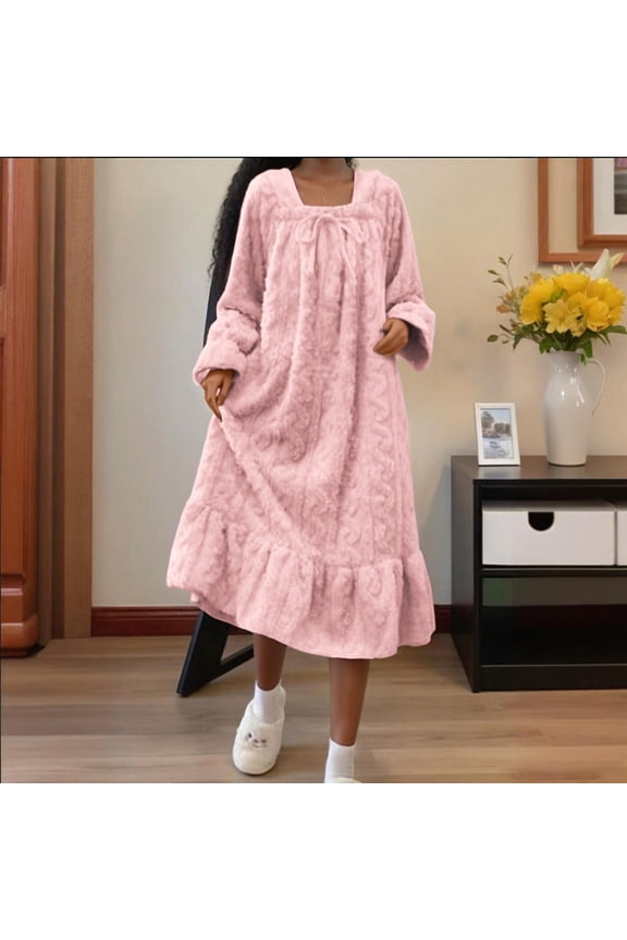 Pink Nightgowns for Women Flannel Loungewear Plus Size Comfy Long Long Sleeve Warm Females Sleep Dress Winter