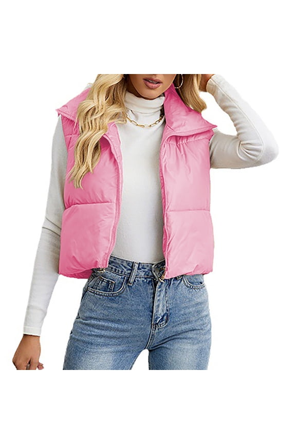 Pink Puffer Vest for Women Cropped Gilet Fall Zip up Lightweight Waistcoat Sleeveless Womens Slim