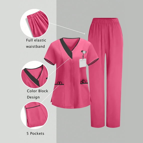 HOMBOM Pink Scrubs for Women Short Sleeve V Neck Scrub Top and Pant Comfortable Medical Womens Nursing Uniforms Set