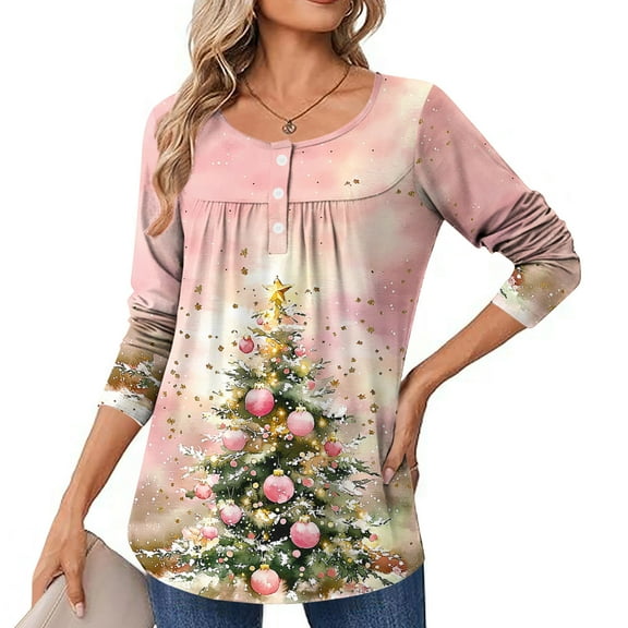 HOMBOM Pink Shirts for Women Button Down Festive Christmas Long Sleeve Ugly Christmas Xmas Tunic Womens T Shirts Crewneck