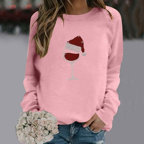 HOMBOM Pink Sweatshirt for Women Casual Crew Neck Rhinestone Wine Glass Pullover Solid Long Sleeve Lightweight Womens Tops