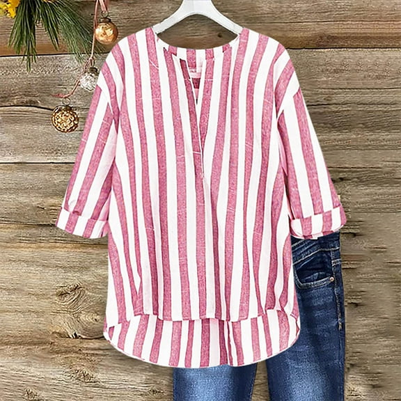 HOMBOM Pink Women Shirts 3/4 Sleeve Stripes V-Neck Casual Graphic 2025 Cotton Linen Blouse