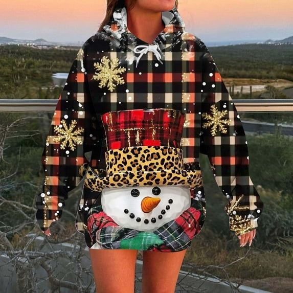 HOMBOM Plaid Christmas Sweatshirts for Womens with Pocket Snowman Pullover Hoodies Merry and Bright Gift Long Sleeve Ladies Shirts