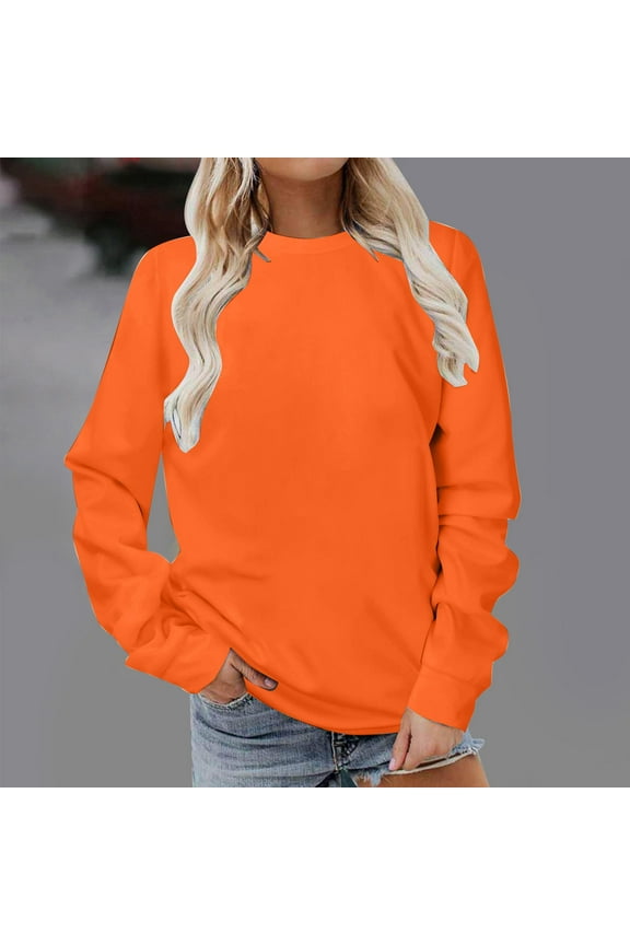 Plain Crewneck Hoodless Sweatshirt Women,Solid Orange Long Sleeve Round Neck Fashion Tops