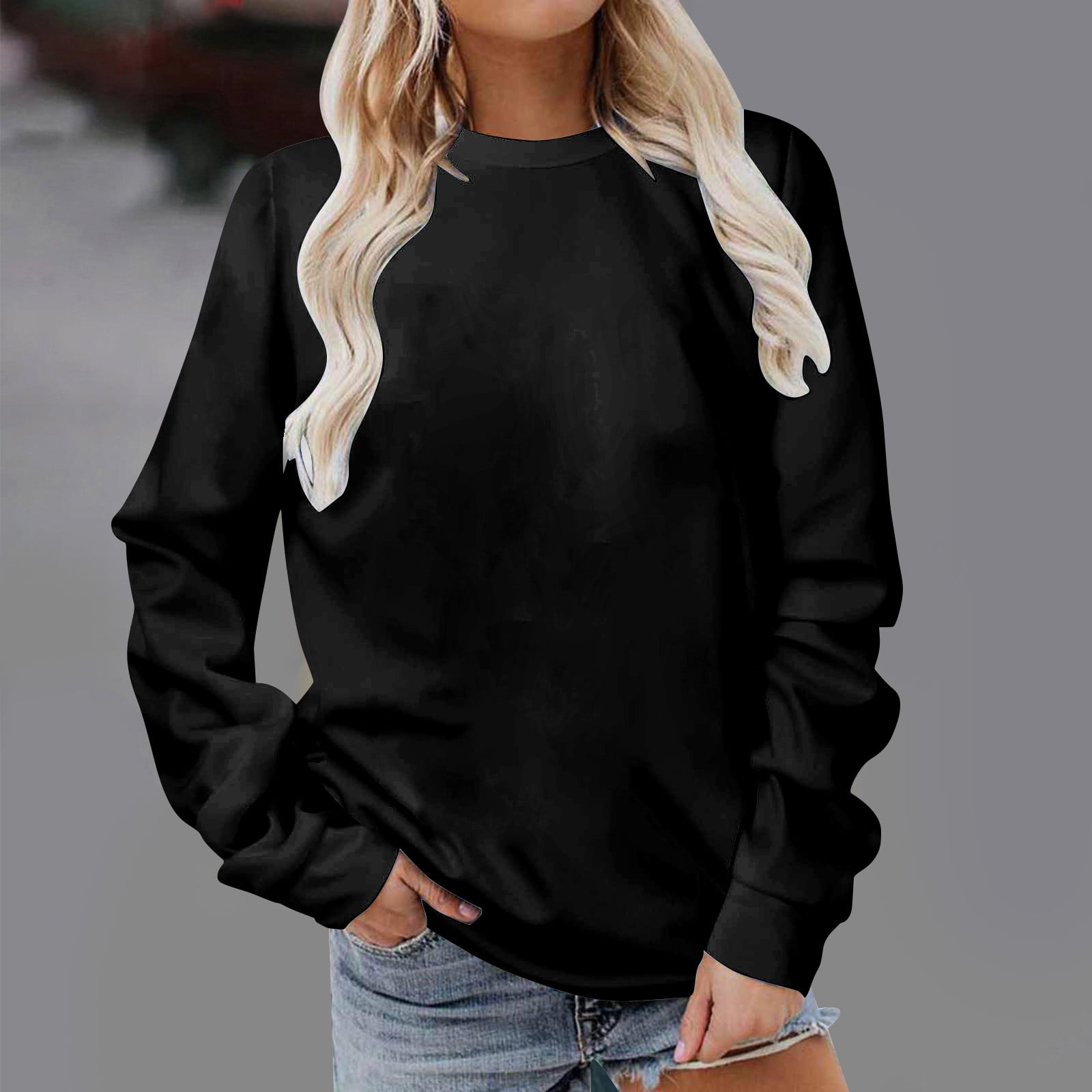 HOMBOM Plain Crewneck Hoodless Sweatshirt Women Solid Pullover Long Sleeve Crew neck Black Hoodless Sweatshirt