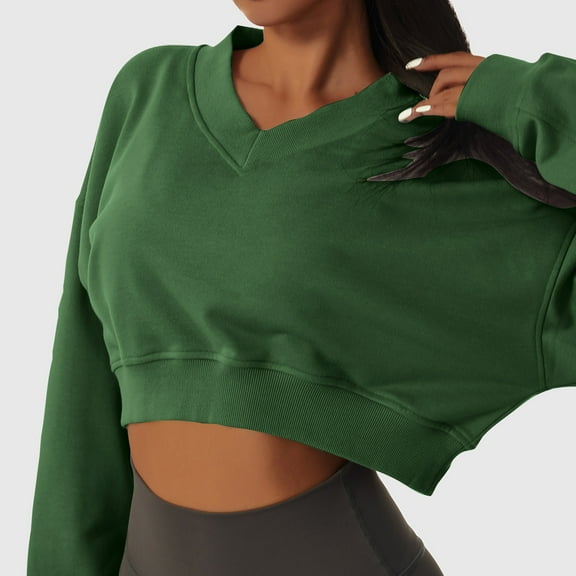 HOMBOM Plain Women Fall Sweatshirt Lightweight V-Neck Green Casual Pullover Long Sleeve Cropped Sweatshirt M