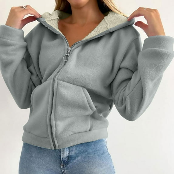 HOMBOM Plain Women Sweatshirt 2024 Hooded Gray Fleece Tops Winter Full Zip Long Sleeve Zip-Up Loose Hoodie M