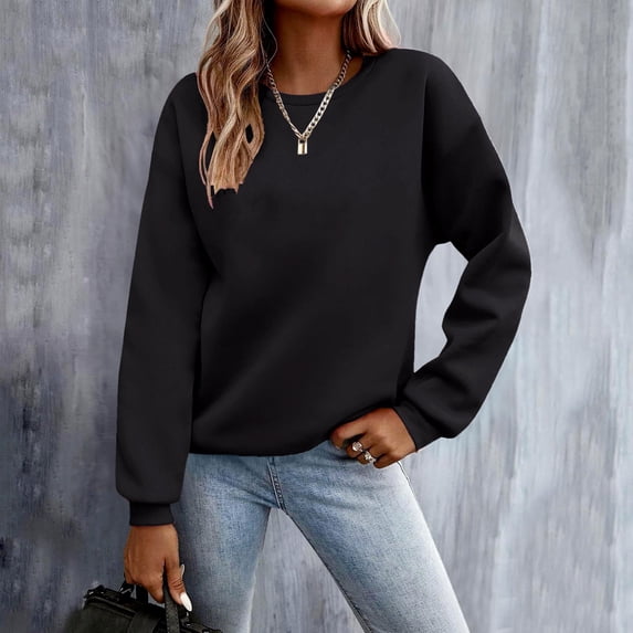 HOMBOM Plain Womens Sweatshirts 2024 Crew Neck Black Tops Loose Long Sleeve Winter Pullover Sweatshirt M